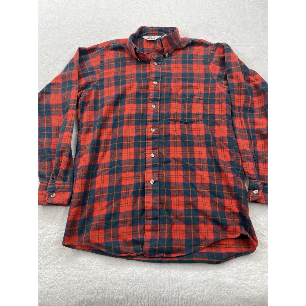 Woolrich Mens Plaid Flannel Shirt Medium Red Navy Blue Button Down Long Sleeve